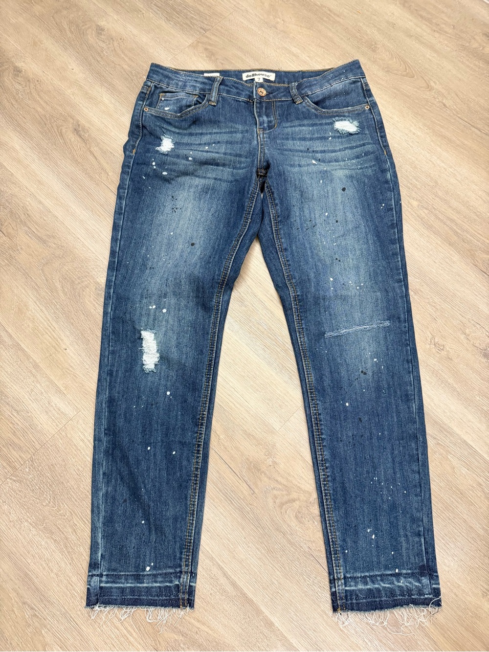 Dollhouse Distressed Paint Splatter Skinny Jeans Women’s 7 Frayed Hem Y2K 0332